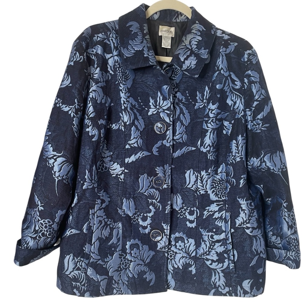 Chico's Navy and Light Blue Floral Jacquard Jacket Sz Chico’s 3 (16)